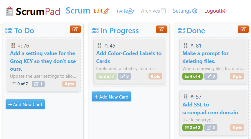 ScrumPad kanban board screenshot - agile project management tool